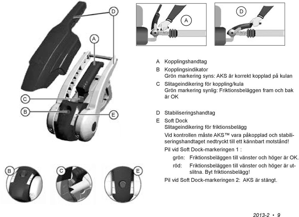 måste AKS vara påkopplad och stabiliseringshandtaget nedtryckt till ett kännbart motstånd!