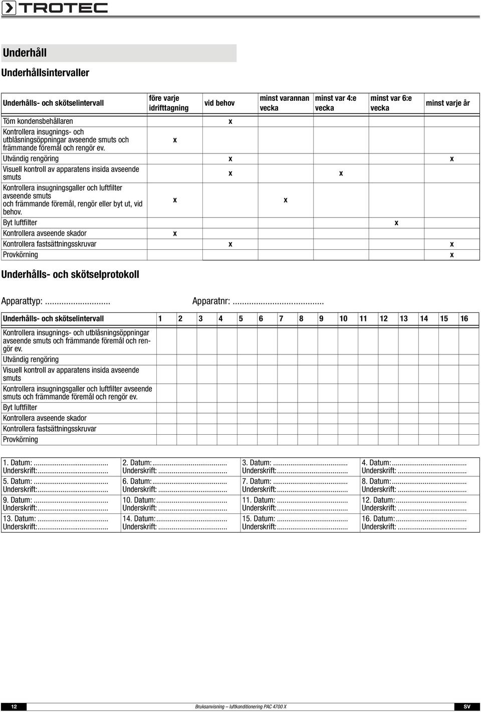 Utvändig rengöring x x Visuell kontroll av apparatens insida avseende smuts x x Kontrollera insugningsgaller och luftfilter avseende smuts och främmande föremål, rengör eller byt ut, vid x x behov.