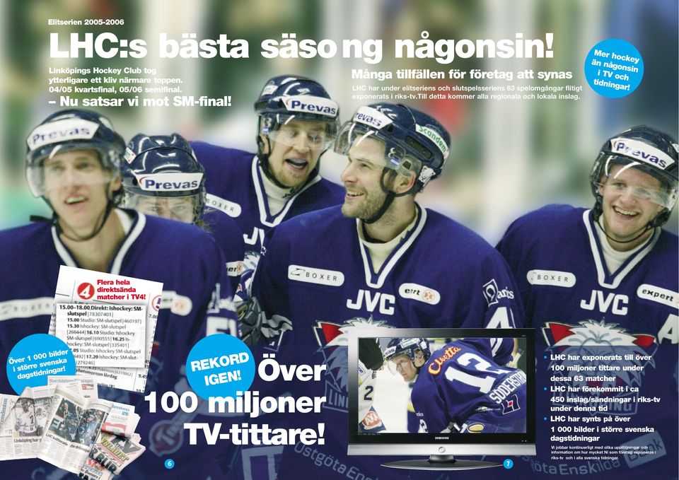 Mer hockey än någonsin i TV och tidningar! Flera hela direktsända matcher i TV4! Över 1 000 bilder i större svenska dagstidningar! Över 100 miljoner TV-tittare! REKORD IGEN!