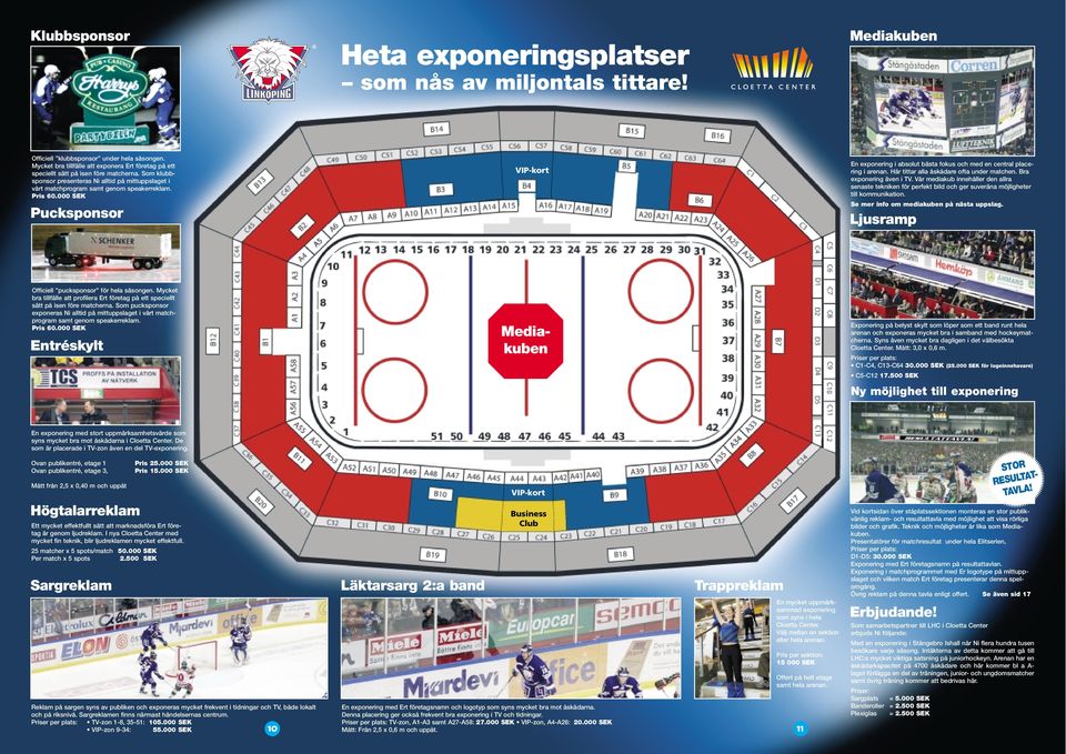 Pris 60.000 SEK Pucksponsor VIP-kort En exponering i absolut bästa fokus och med en central placering i arenan. Här tittar alla åskådare ofta under matchen. Bra exponering även i TV.