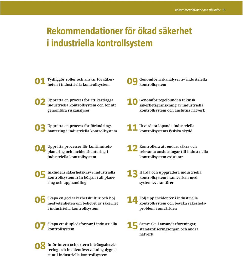 kontinuitetsplanering och incidenthantering i industriella kontrollsystem Genomför riskanalyser av industriella kontrollsystem Genomför regelbunden teknisk säkerhetsgranskning av industriella