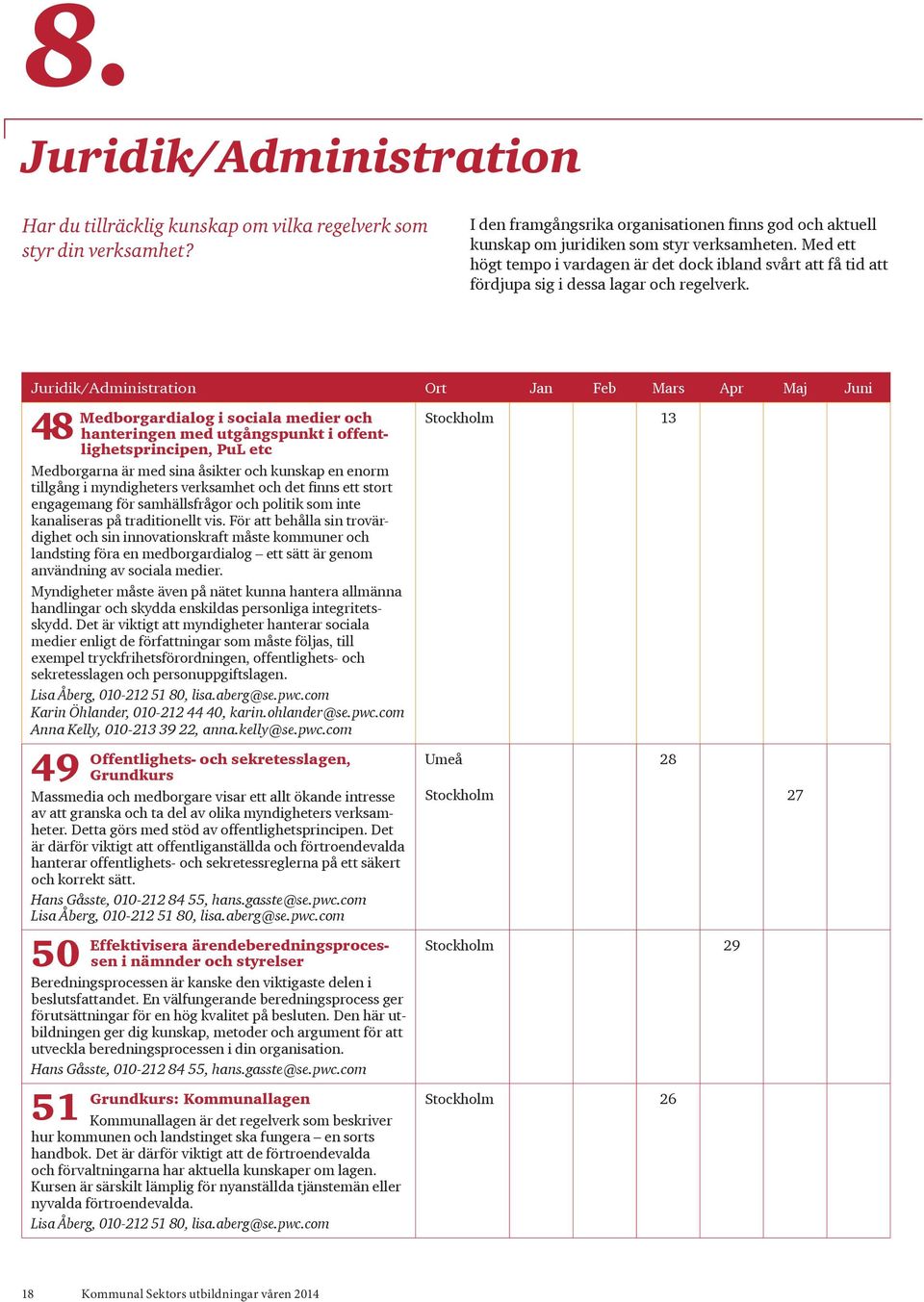 Juridik/Administration Ort Jan Feb Mars Apr Maj Juni 48 Medborgardialog i sociala medier och hanteringen med utgångspunkt i offentlighetsprincipen, PuL etc Medborgarna är med sina åsikter och kunskap