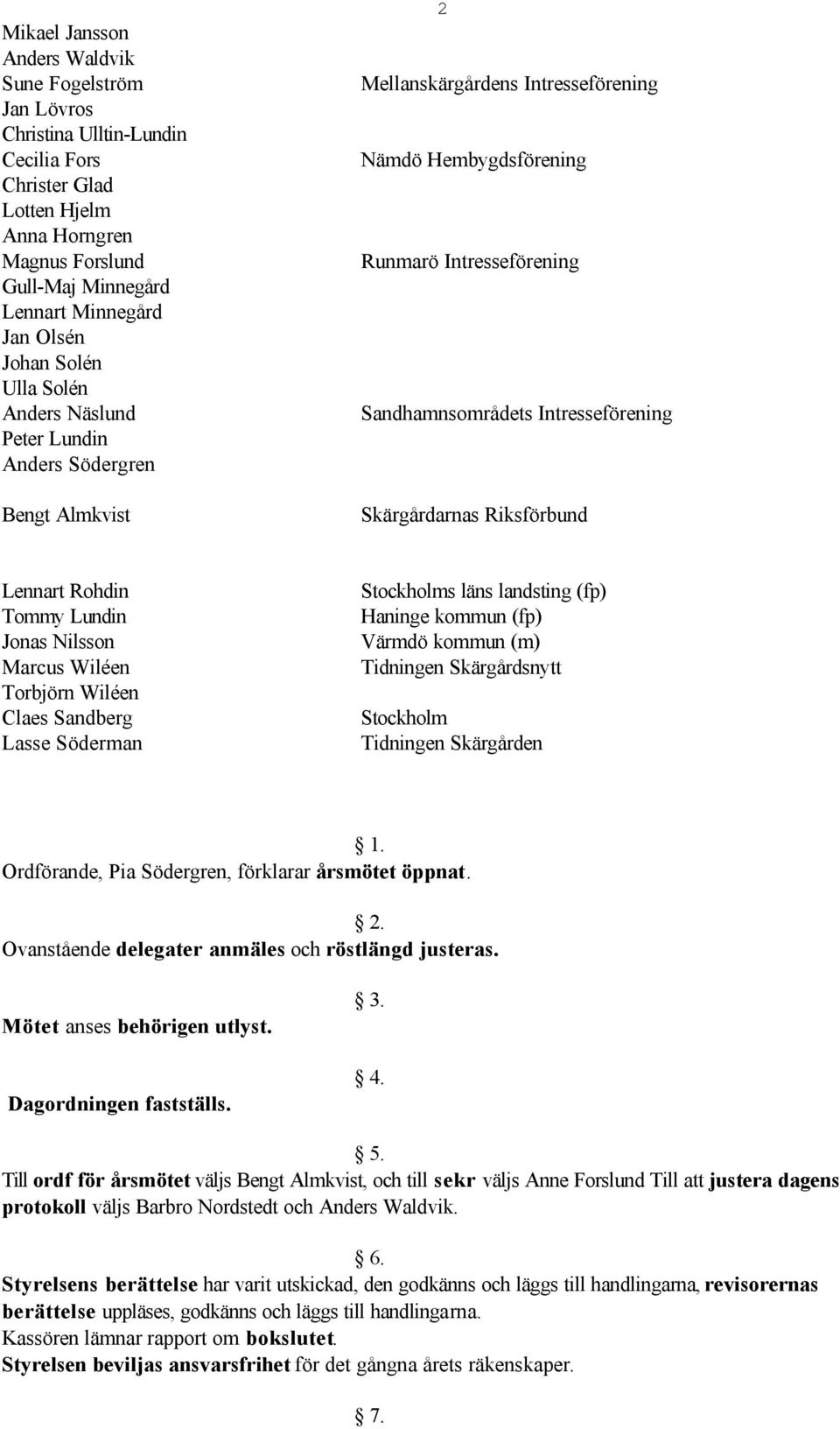 Intresseförening Skärgårdarnas Riksförbund Lennart Rohdin Tommy Lundin Jonas Nilsson Marcus Wiléen Torbjörn Wiléen Claes Sandberg Lasse Söderman Stockholms läns landsting (fp) Haninge kommun (fp)