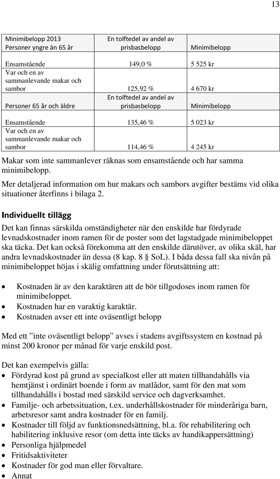 ensamstående och har samma minimibelopp. Mer detaljerad information om hur makars och sambors avgifter bestäms vid olika situationer återfinns i bilaga 2.