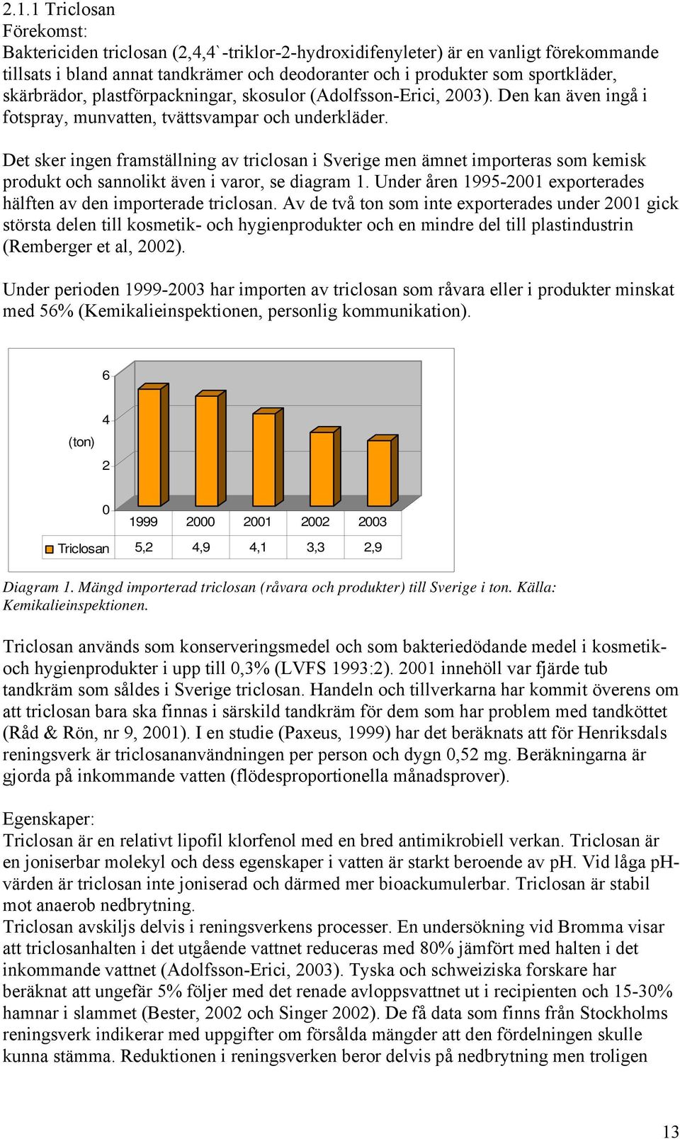 Det sker ingen framställning av triclosan i Sverige men ämnet importeras som kemisk produkt och sannolikt även i varor, se diagram 1.