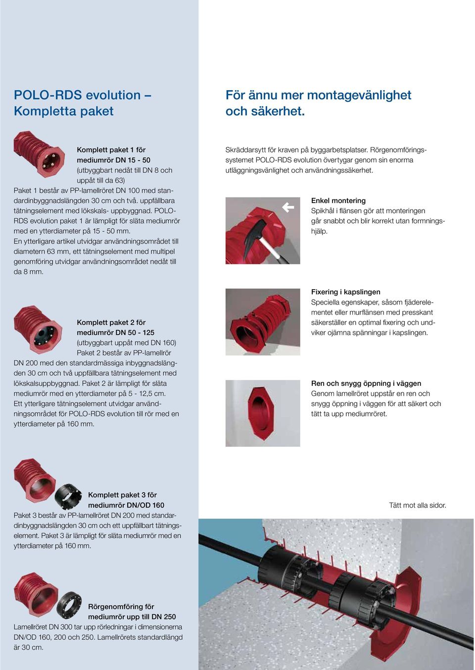 uppfällbara tätningselement med lökskals- uppbyggnad. POLO- RDS evolution paket 1 är lämpligt för släta mediumrör med en ytterdiameter på 15-50 mm.