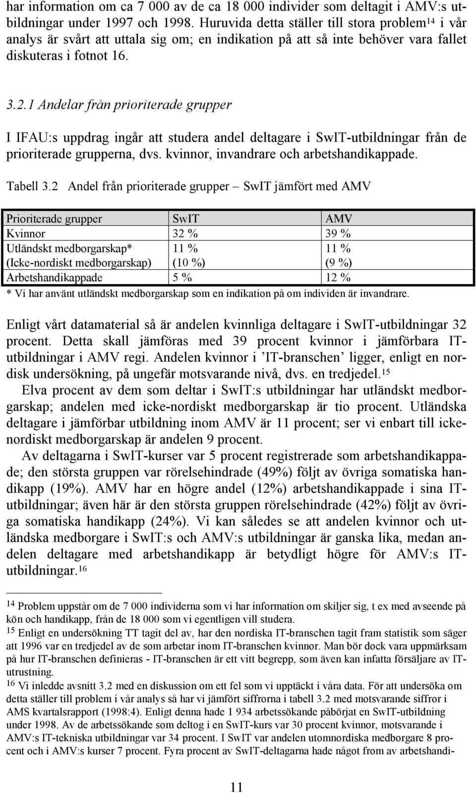 1 Andelar från prioriterade grupper I IFAU:s uppdrag ingår att studera andel deltagare i SwIT-utbildningar från de prioriterade grupperna, dvs. kvinnor, invandrare och arbetshandikappade. Tabell 3.