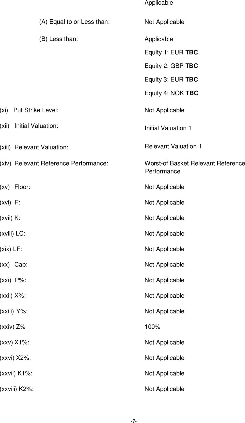 1 (xiv) Relevant Reference Performance: (xv) Floor: (xvi) F: (xvii) K: (xviii) LC: (xix) LF: (xx) Cap: (xxi) P%: (xxii) X%: