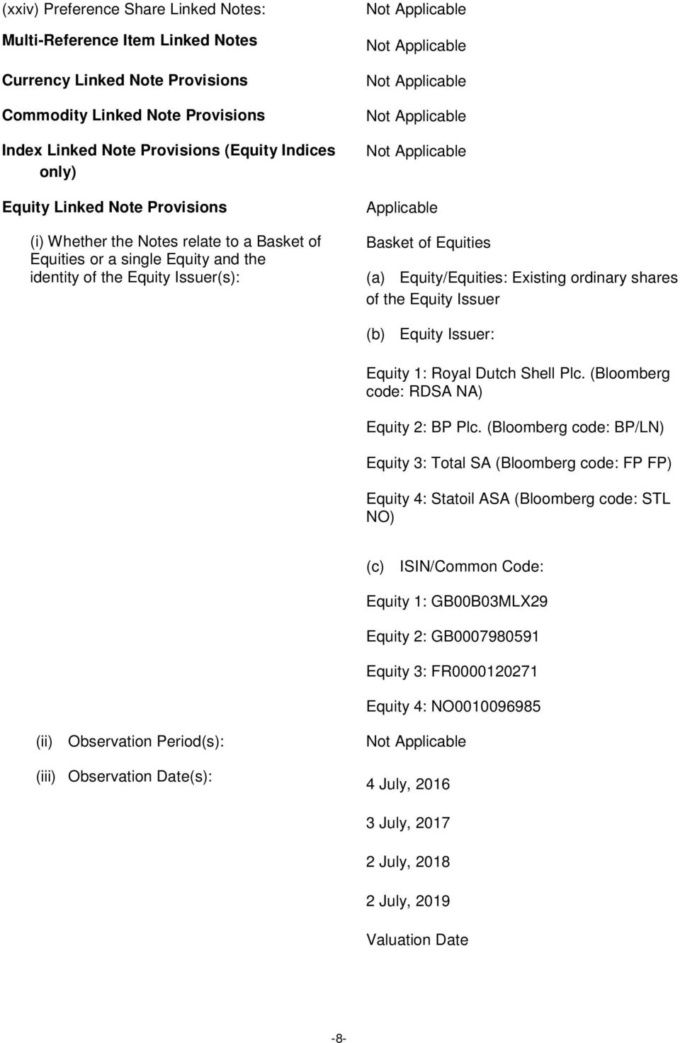 ordinary shares of the Equity Issuer (b) Equity Issuer: Equity 1: Royal Dutch Shell Plc. (Bloomberg code: RDSA NA) Equity 2: BP Plc.