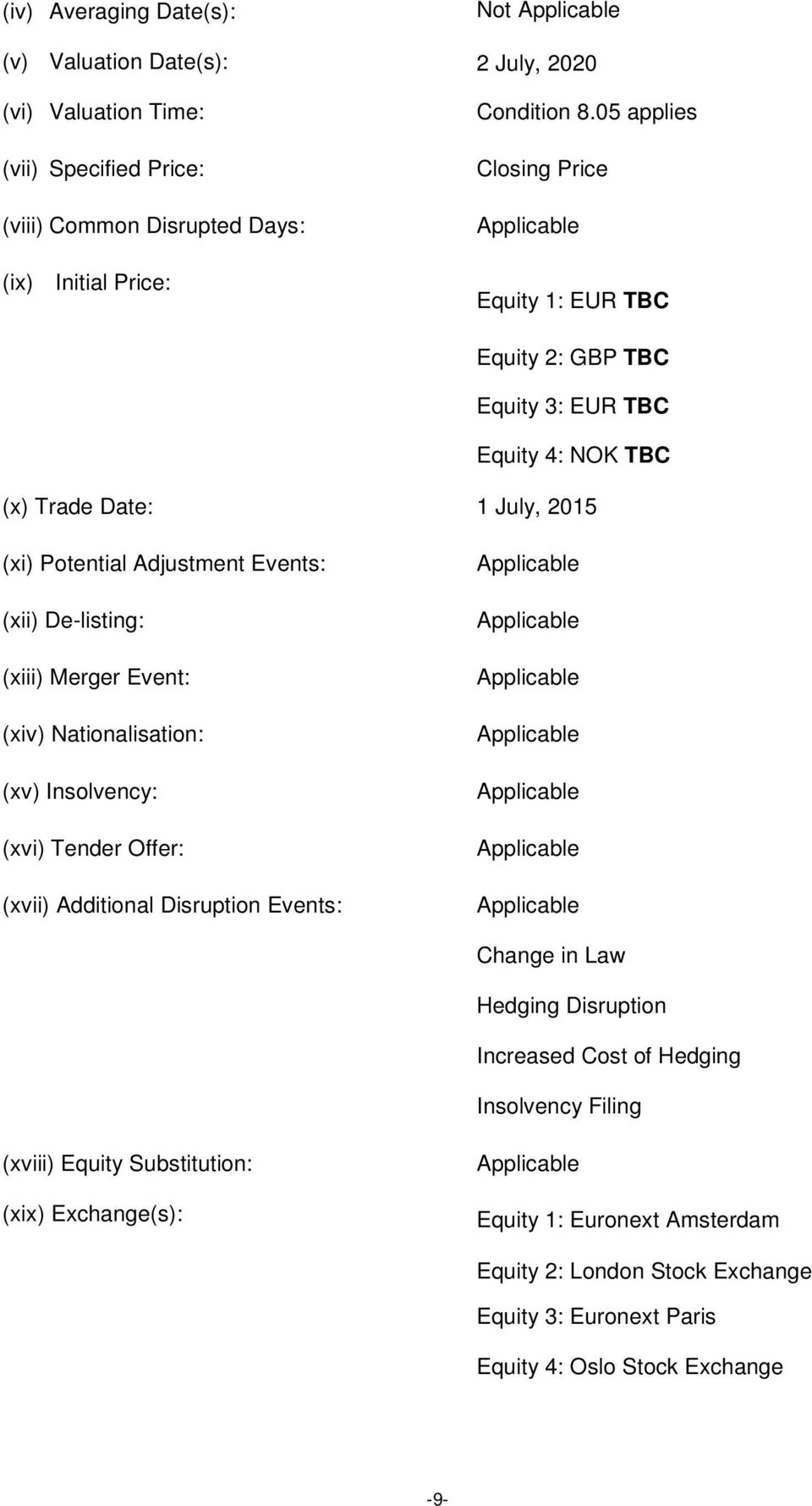 Merger Event: (xiv) Nationalisation: (xv) Insolvency: (xvi) Tender Offer: (xvii) Additional Disruption Events: Applicable Applicable Applicable Applicable Applicable Applicable Applicable Change in