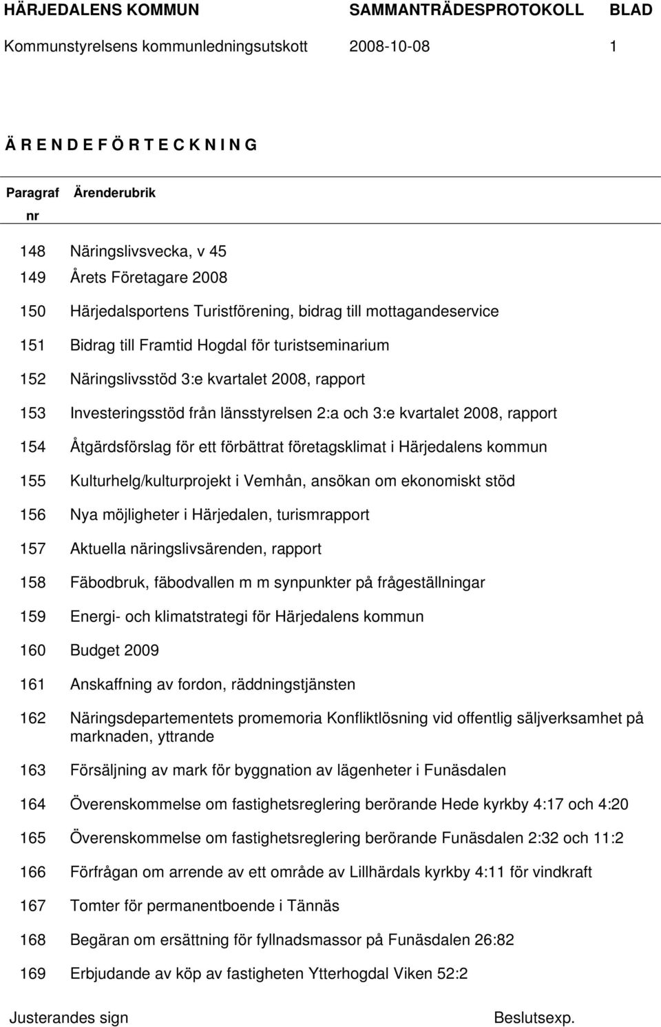 kvartalet 2008, rapport 154 Åtgärdsförslag för ett förbättrat företagsklimat i Härjedalens kommun 155 Kulturhelg/kulturprojekt i Vemhån, ansökan om ekonomiskt stöd 156 Nya möjligheter i Härjedalen,