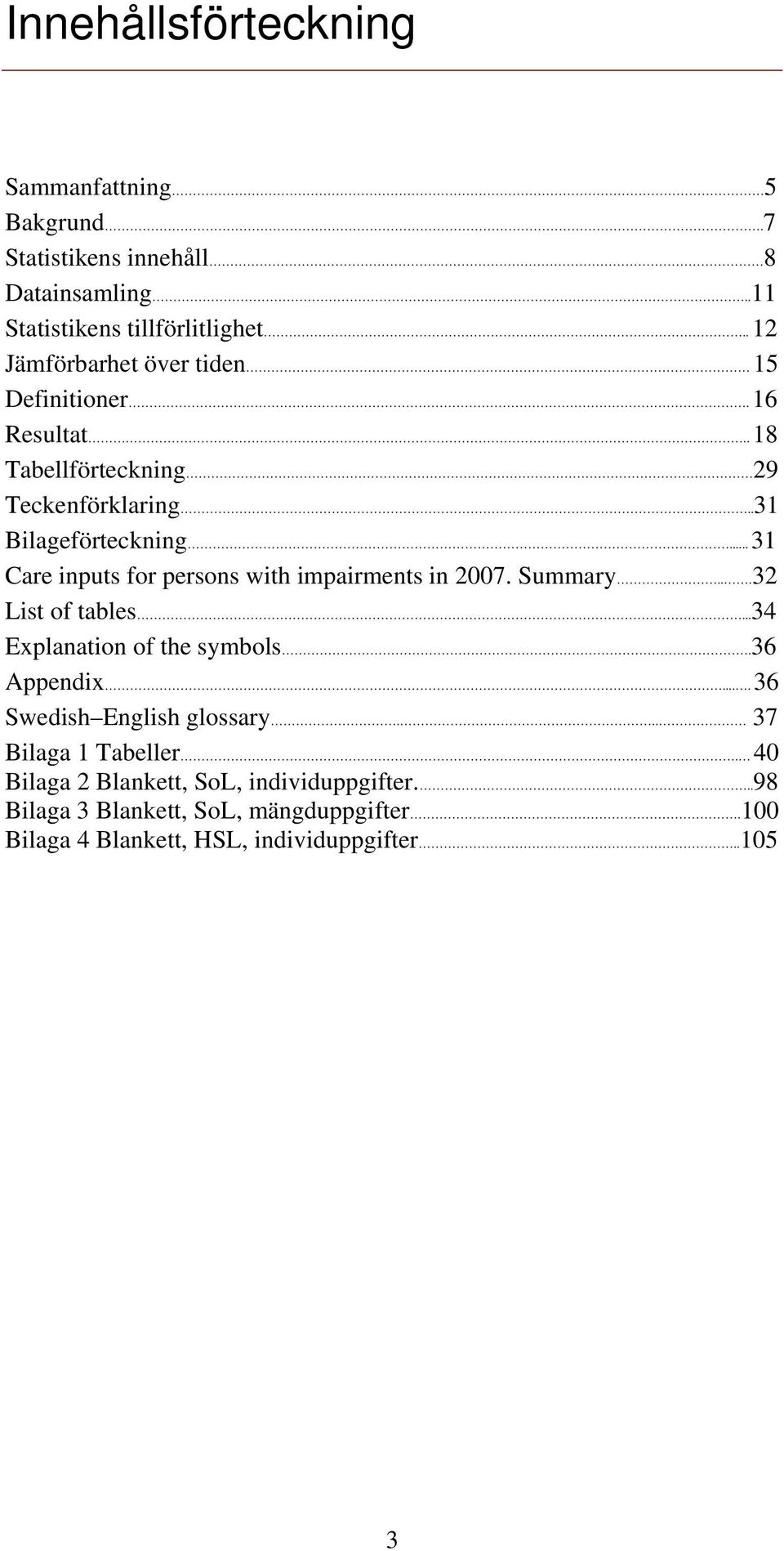 .. 31 Care inputs for persons with impairments in 2007. Summary...32 List of tables...34 Explanation of the symbols.36 Appendix.