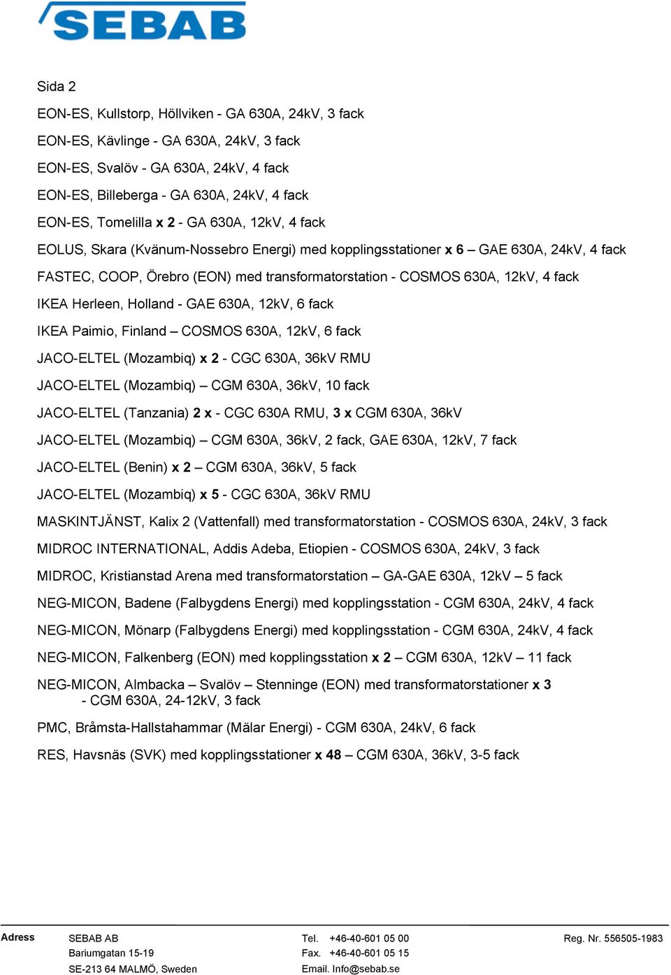 4 fack IKEA Herleen, Holland - GAE 630A, 12kV, 6 fack IKEA Paimio, Finland COSMOS 630A, 12kV, 6 fack JACO-ELTEL (Mozambiq) x 2 - CGC 630A, 36kV RMU JACO-ELTEL (Mozambiq) CGM 630A, 36kV, 10 fack