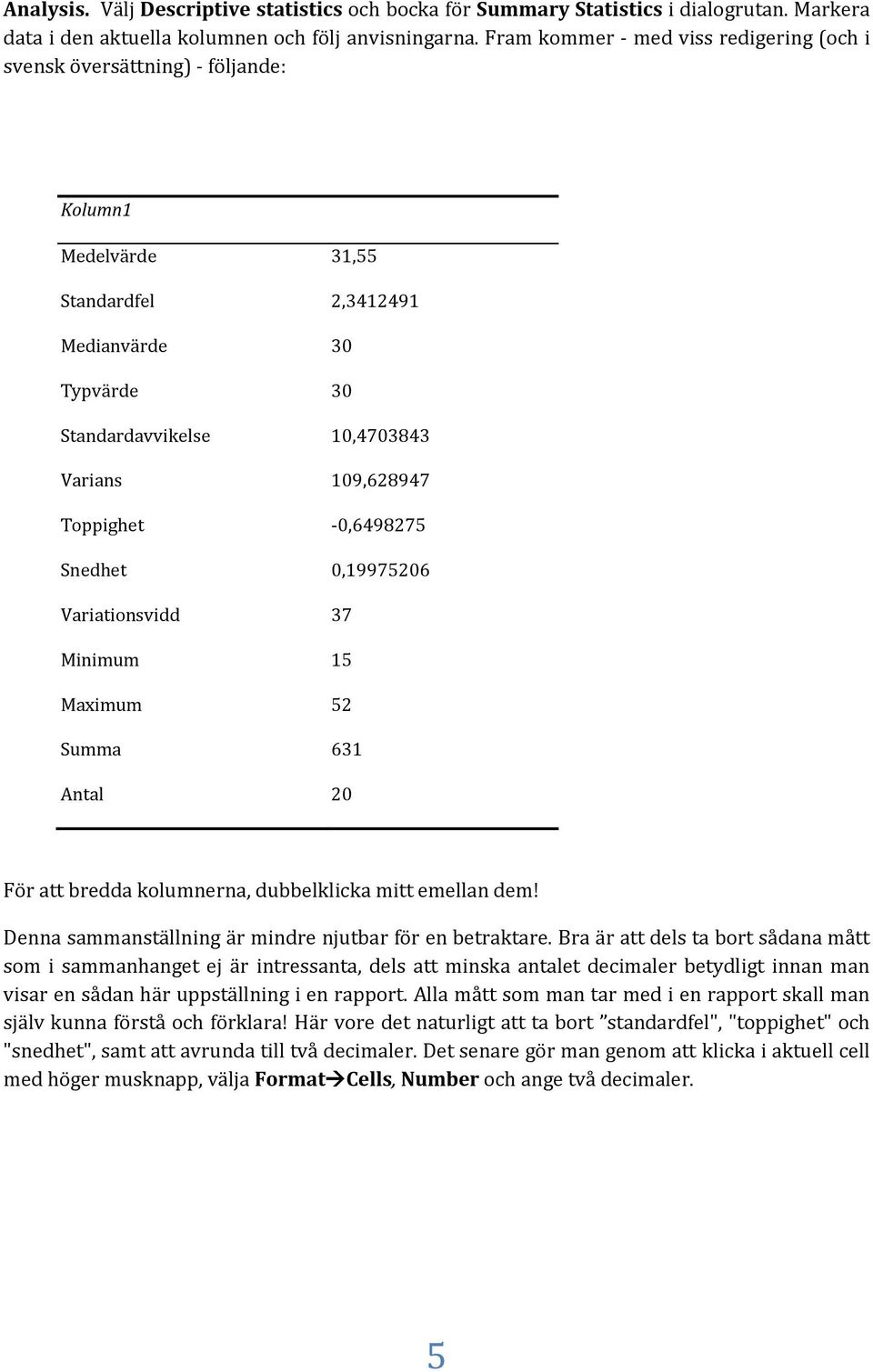 Toppighet -0,6498275 Snedhet 0,19975206 Variationsvidd 37 Minimum 15 Maximum 52 Summa 631 Antal 20 För att bredda kolumnerna, dubbelklicka mitt emellan dem!