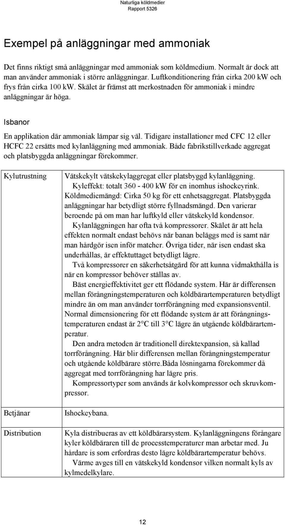 Tidigare installationer med CFC 12 eller HCFC 22 ersätts med kylanläggning med ammoniak. Både fabrikstillverkade aggregat och platsbyggda anläggningar förekommer.