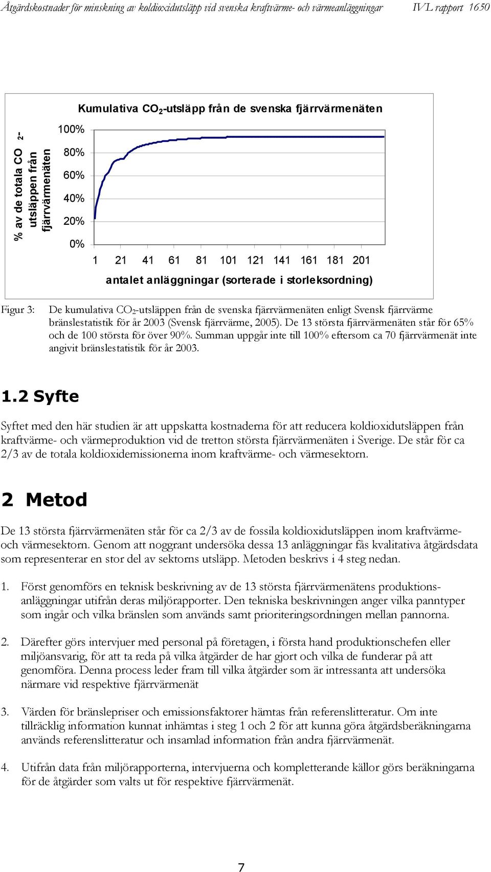 De 13 största fjärrvärmenäten står för 65% och de 100 största för över 90%. Summan uppgår inte till 100% eftersom ca 70 fjärrvärmenät inte angivit bränslestatistik för år 2003. 1.2 Syfte Syftet med den här studien är att uppskatta kostnaderna för att reducera koldioxidutsläppen från kraftvärme- och värmeproduktion vid de tretton största fjärrvärmenäten i Sverige.