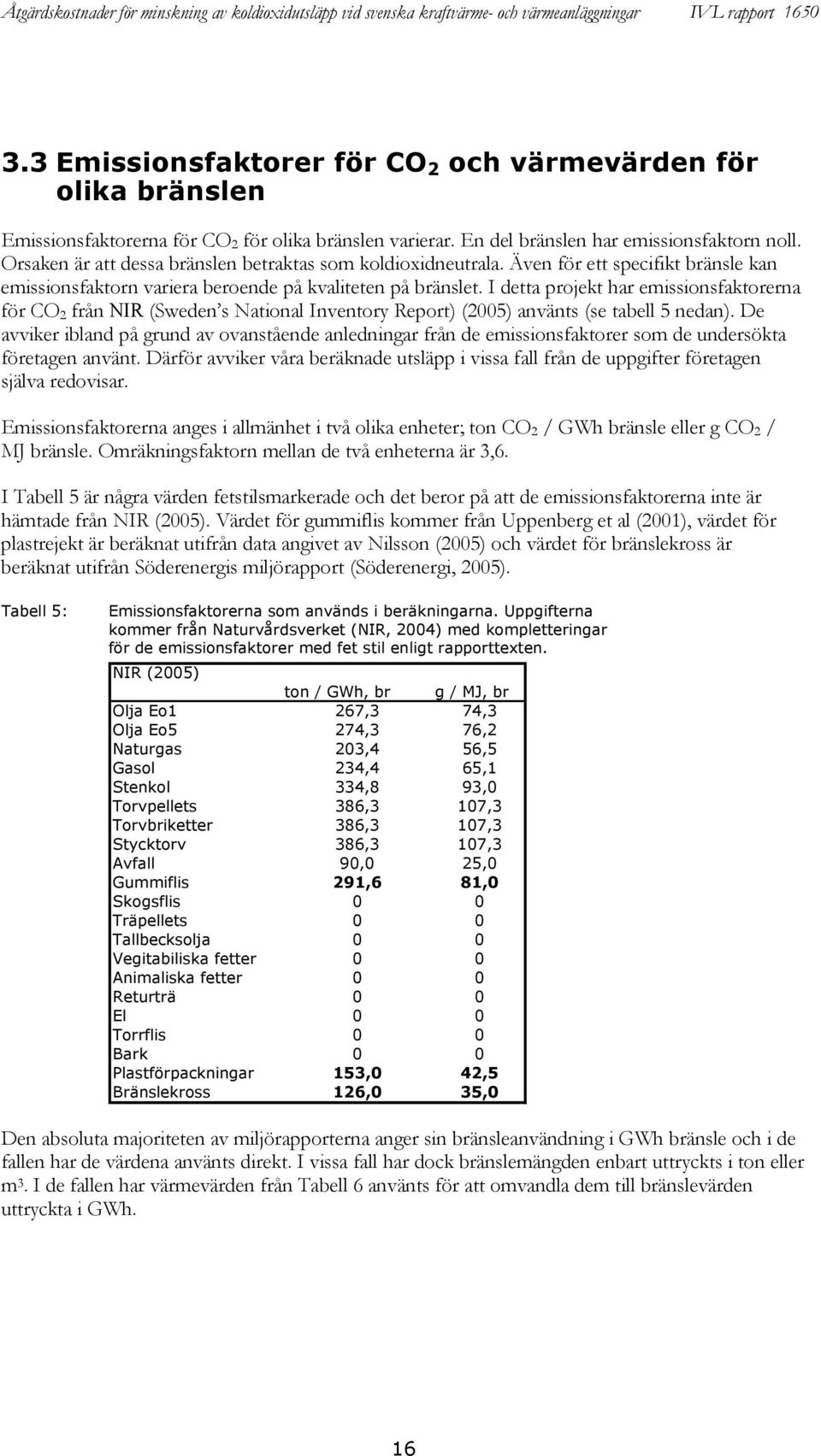 I detta projekt har emissionsfaktorerna för CO 2 från NIR (Sweden s National Inventory Report) (2005) använts (se tabell 5 nedan).