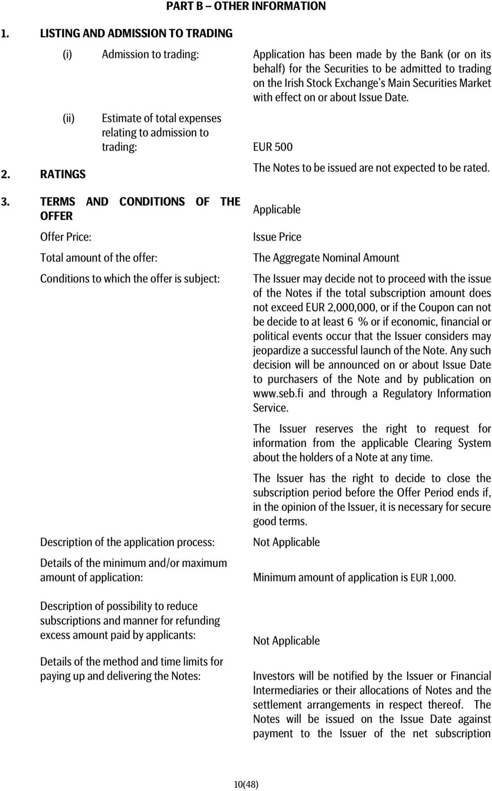 TERMS AND CONDITIONS OF THE OFFER Offer Price: Total amount of the offer: Conditions to which the offer is subject: Description of the application process: The Notes to be issued are not expected to