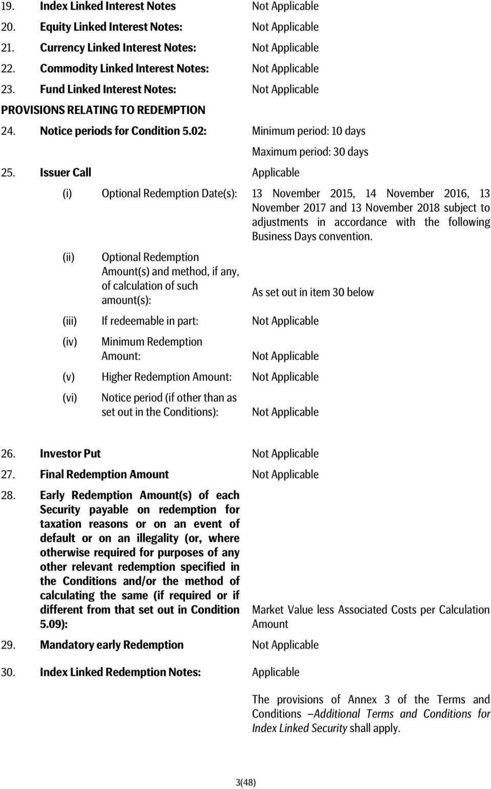 Issuer Call Applicable Maximum period: 30 days (i) Optional Redemption Date(s): 13 November 2015, 14 November 2016, 13 November 2017 and 13 November 2018 subject to adjustments in accordance with the