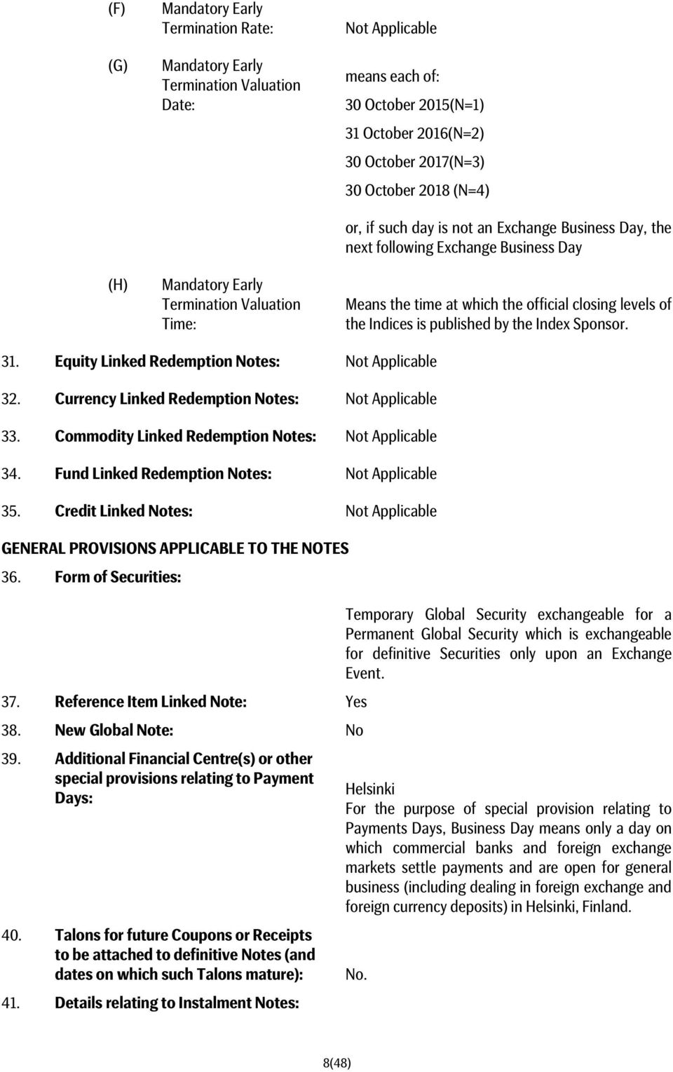 published by the Index Sponsor. 31. Equity Linked Redemption Notes: 32. Currency Linked Redemption Notes: 33. Commodity Linked Redemption Notes: 34. Fund Linked Redemption Notes: 35.