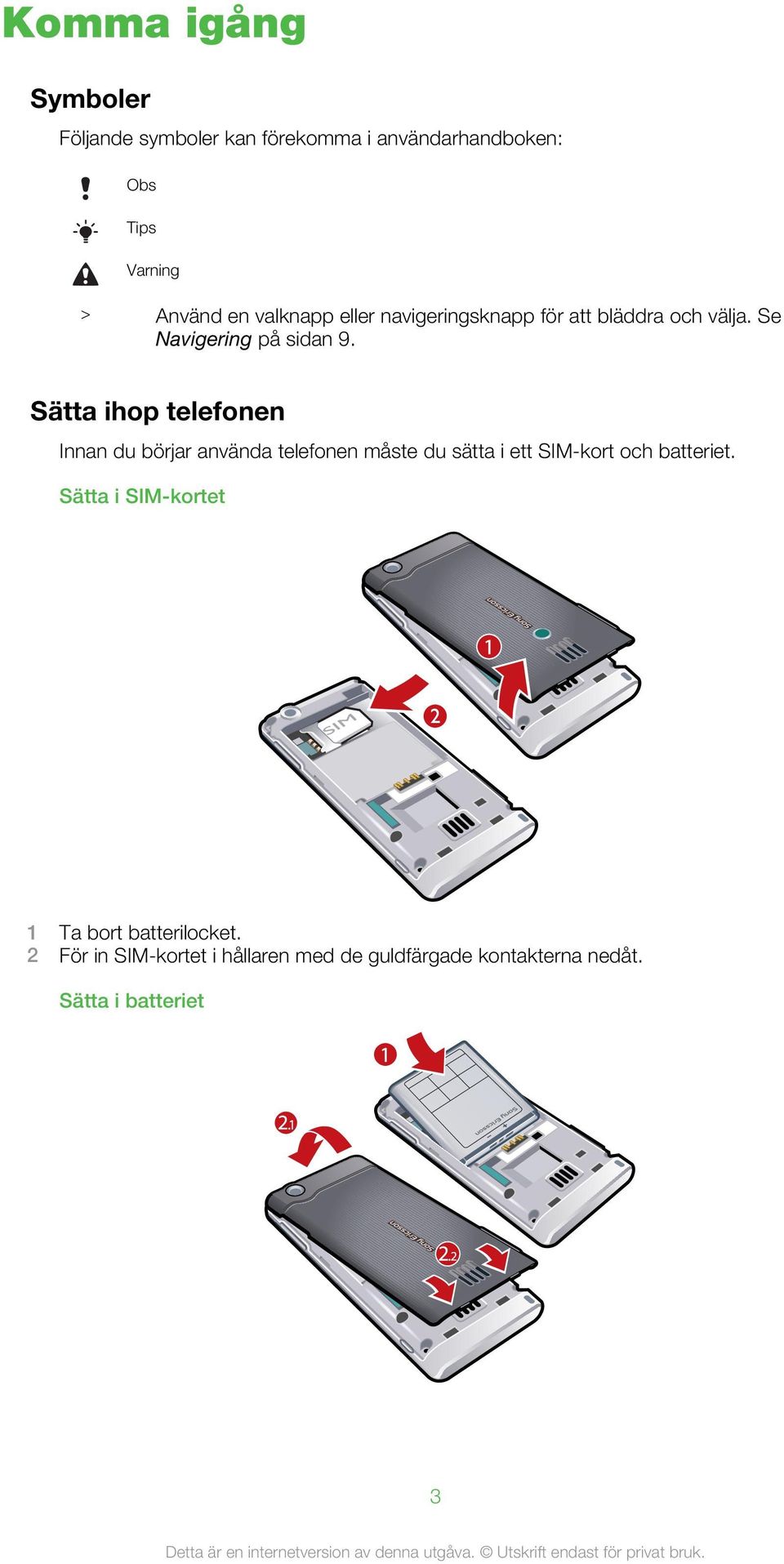 Sätta ihop telefonen Innan du börjar använda telefonen måste du sätta i ett SIM-kort och batteriet.