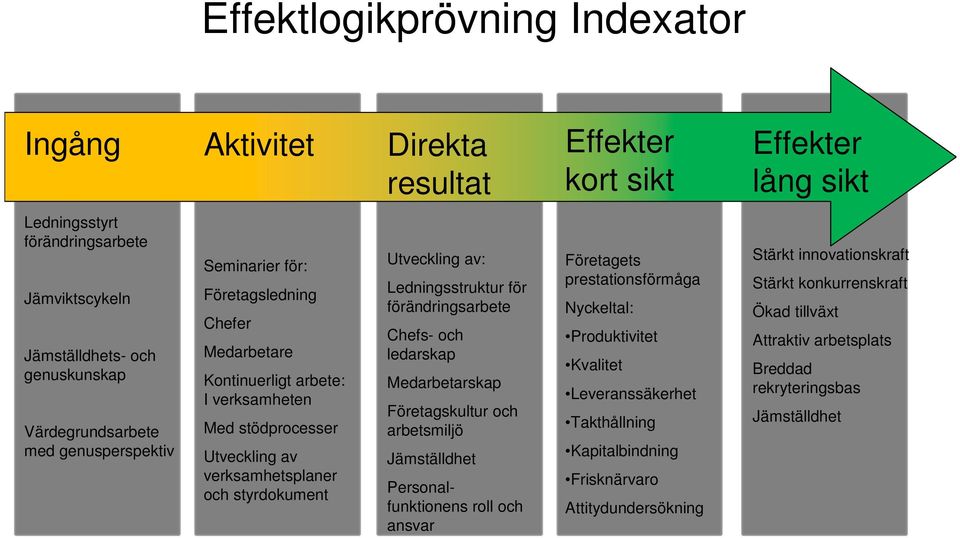 Ledningsstruktur för förändringsarbete Chefs- och ledarskap Medarbetarskap Företagskultur och arbetsmiljö Jämställdhet Personalfunktionens roll och ansvar Företagets prestationsförmåga Nyckeltal: