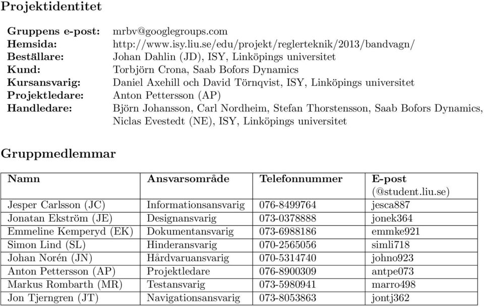 Pettersson (AP) Björn Johansson, Carl Nordheim, Stefan Thorstensson, Saab Bofors Dynamics, Niclas Evestedt (NE), ISY, Linköpings universitet Gruppmedlemmar Namn Ansvarsområde Telefonnummer E-post