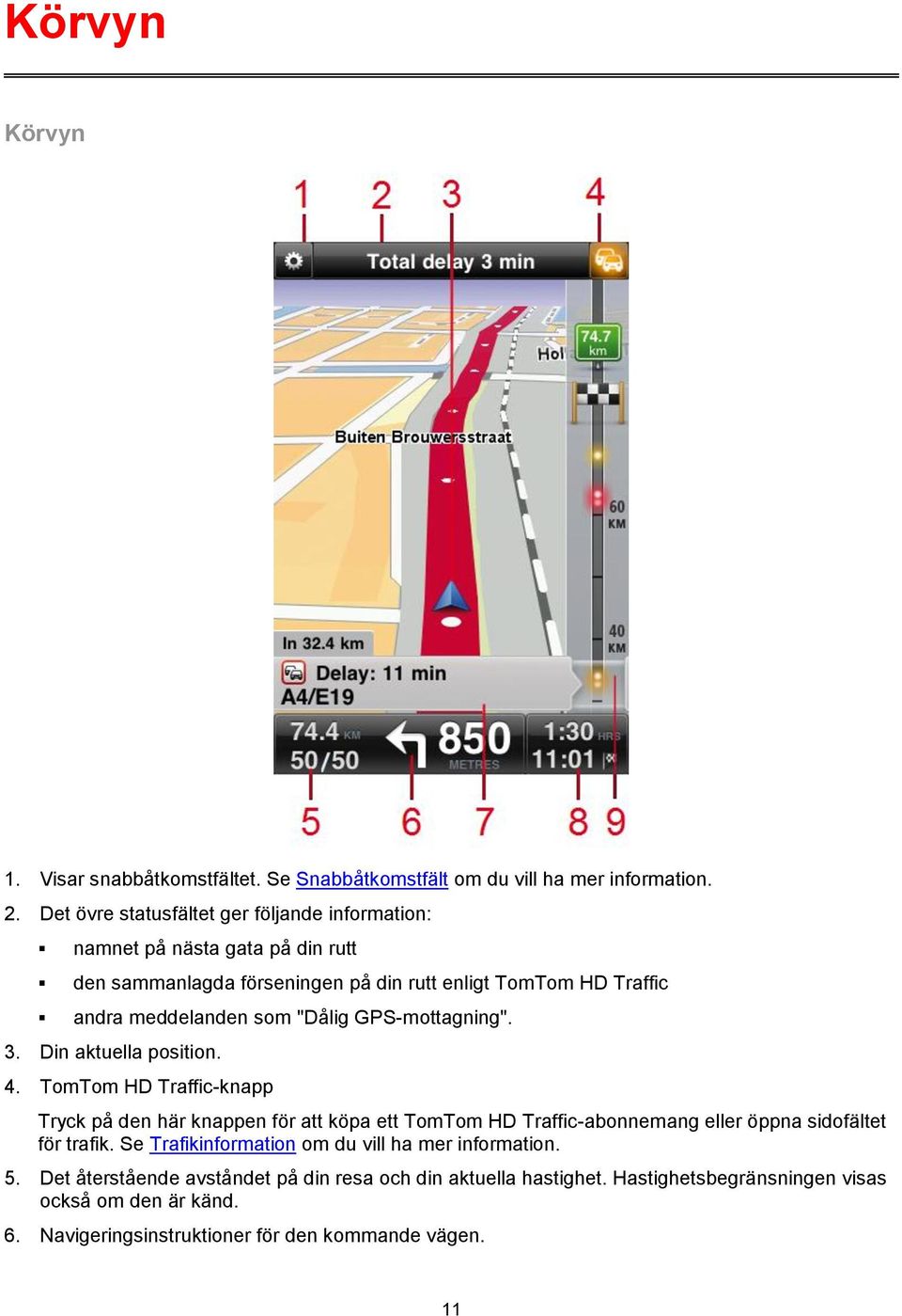 "Dålig GPS-mottagning". 3. Din aktuella position. 4.