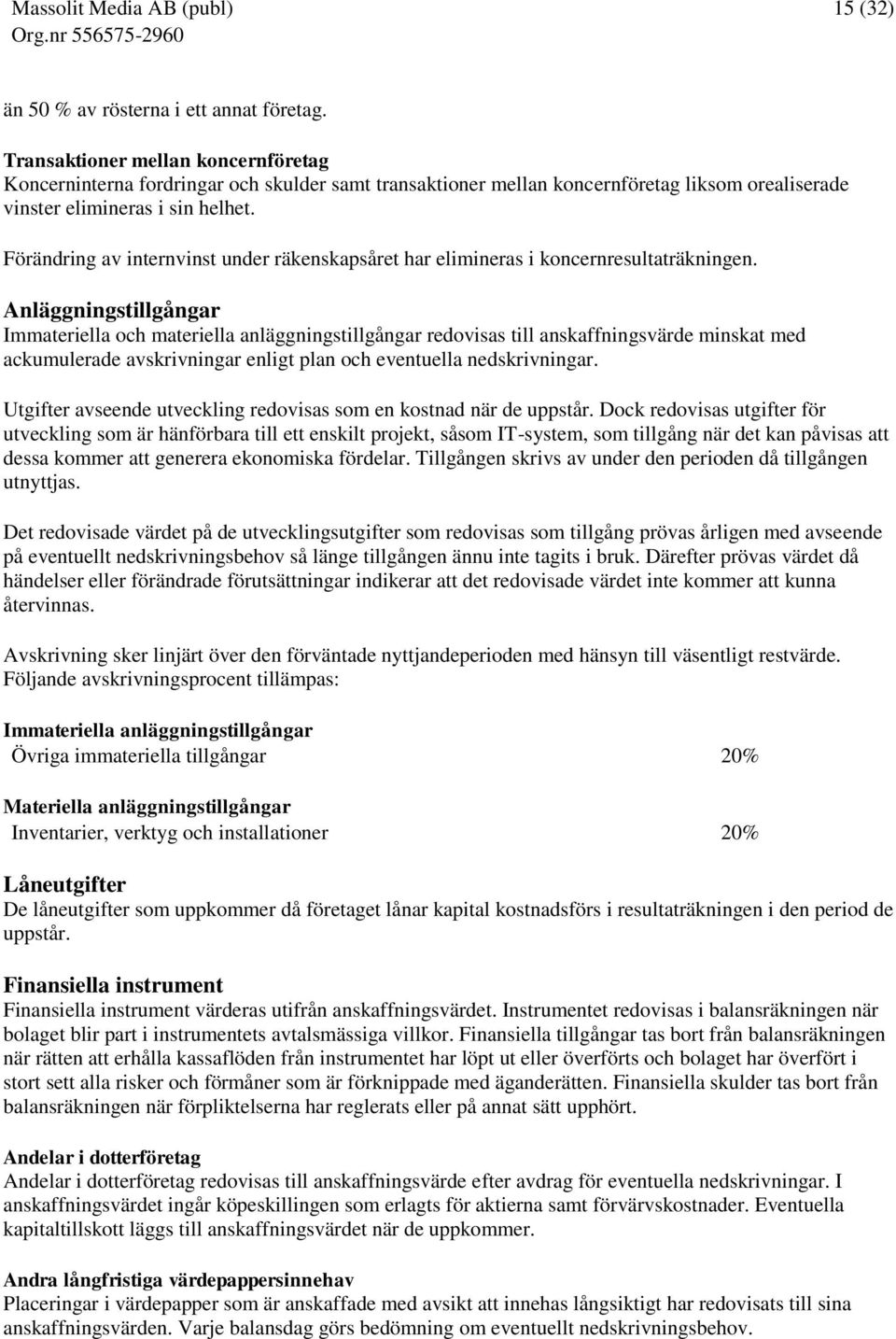 Förändring av internvinst under räkenskapsåret har elimineras i koncernresultaträkningen.