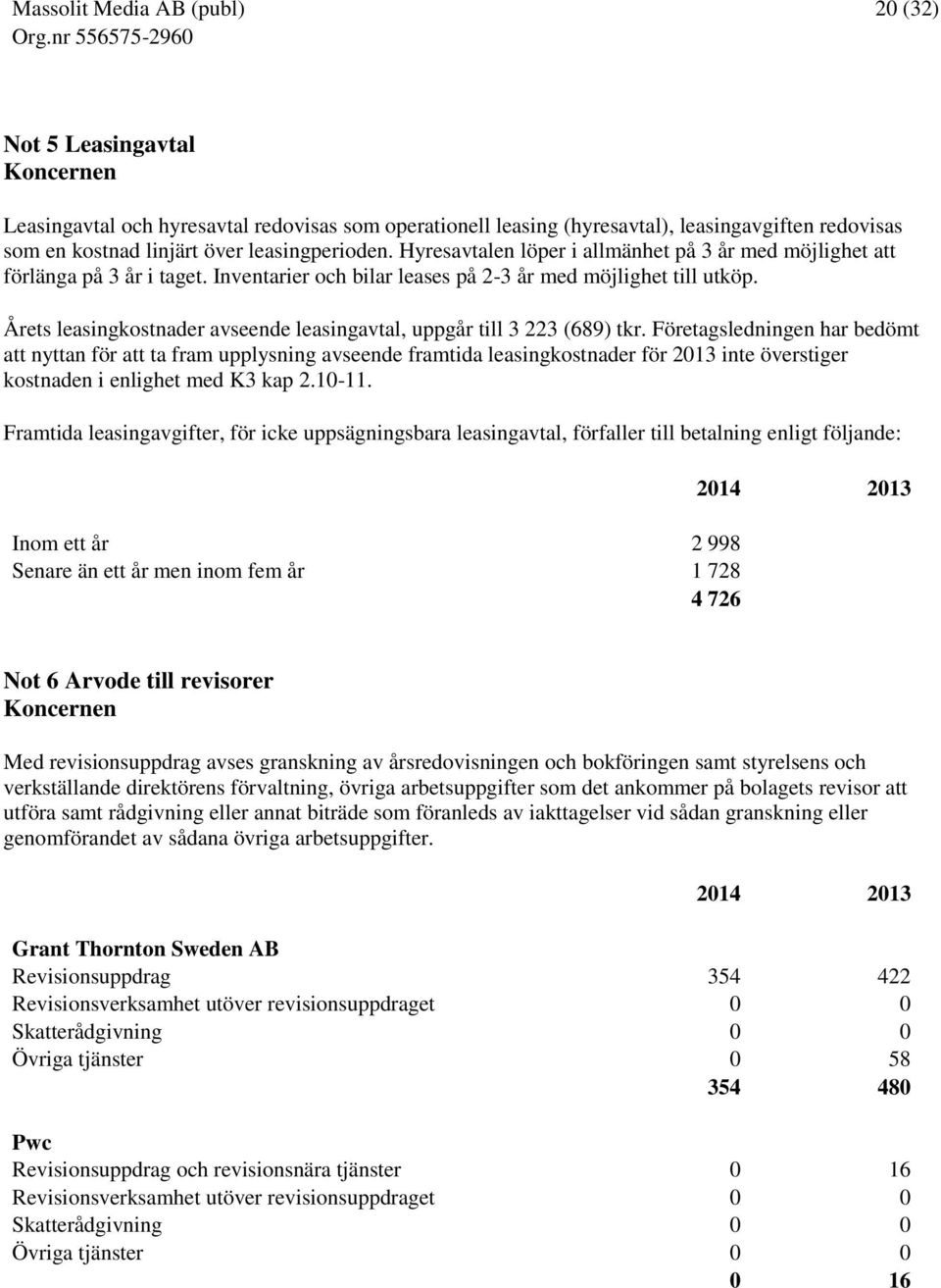 Årets leasingkostnader avseende leasingavtal, uppgår till 3 223 (689) tkr.