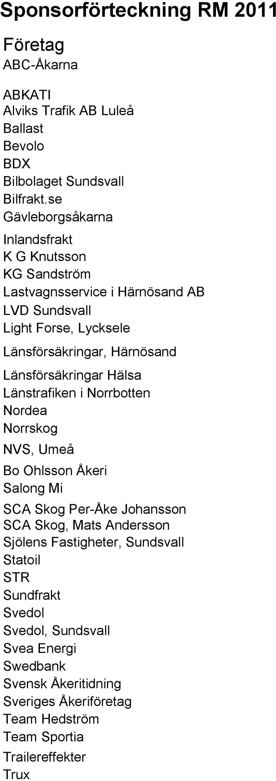 Härnösand Länsförsäkringar Hälsa Länstrafiken i Norrbotten Nordea Norrskog NVS, Umeå Bo Ohlsson Åkeri Salong Mi SCA Skog Per-Åke Johansson SCA Skog,