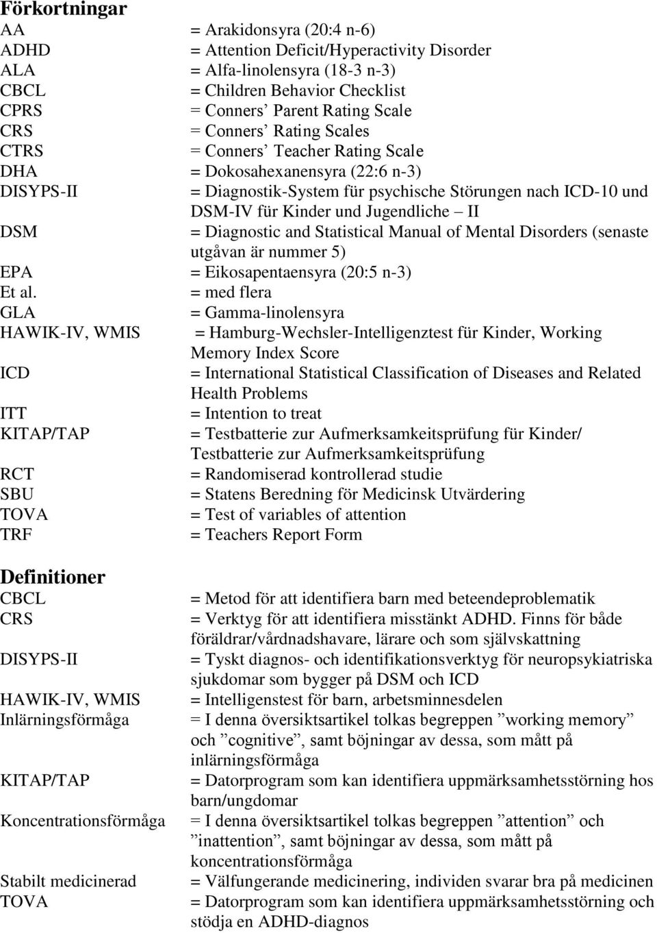 n-6) = Attention Deficit/Hyperactivity Disorder = Alfa-linolensyra (18-3 n-3) = Children Behavior Checklist = Conners Parent Rating Scale = Conners Rating Scales = Conners Teacher Rating Scale =
