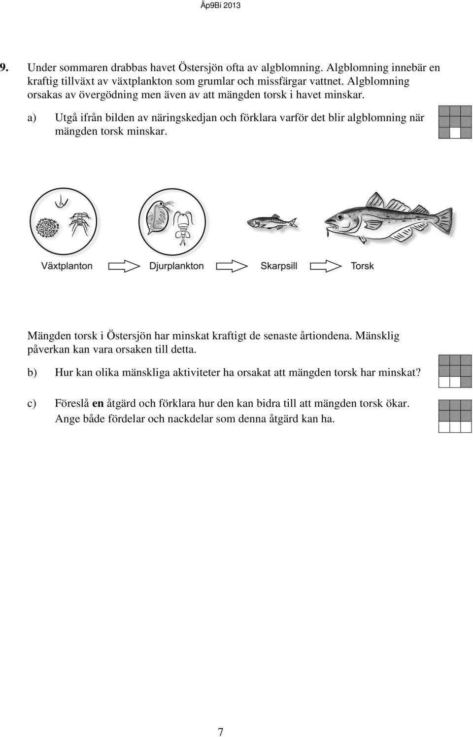 a) Utgå ifrån bilden av näringskedjan och förklara varför det blir algblomning när mängden torsk minskar.