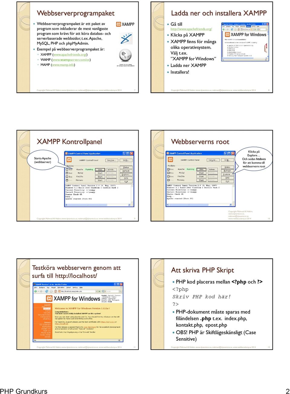 info) Ladda ner och installera XAMPP Gå till http://www.apachefriends.org/ Klicka på XAMPP XAMPP finns för många olika operativsystem. Välj t.ex. XAMPP for Windows Ladda ner XAMPP Installera!