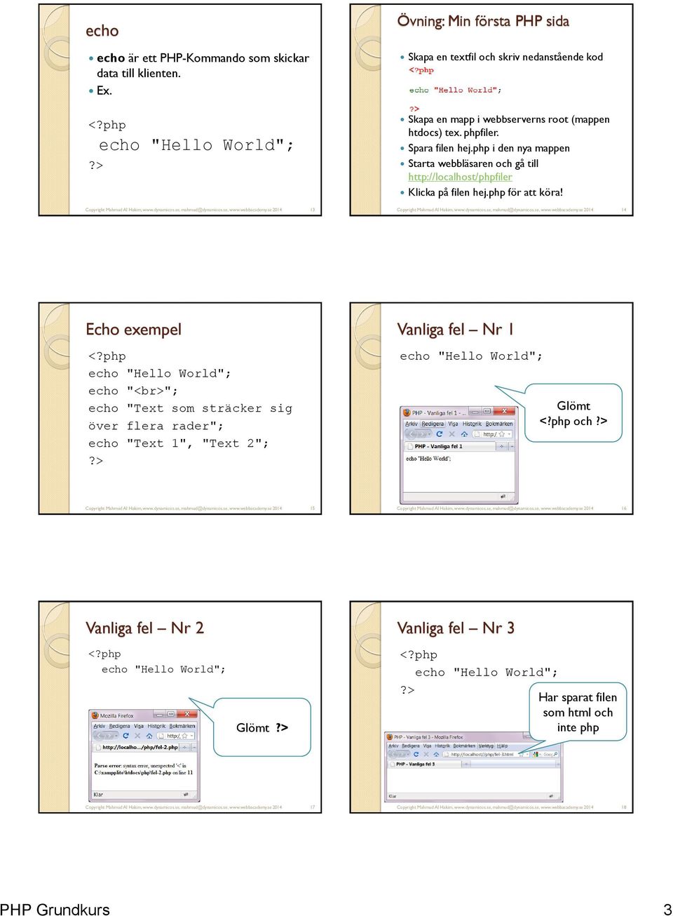 php i den nya mappen Starta webbläsaren och gå till http://localhost/phpfiler Klicka på filen hej.php för att köra! Copyright Mahmud Al Hakim, www.dynamicos.se, mahmud@dynamicos.se, www.webbacademy.