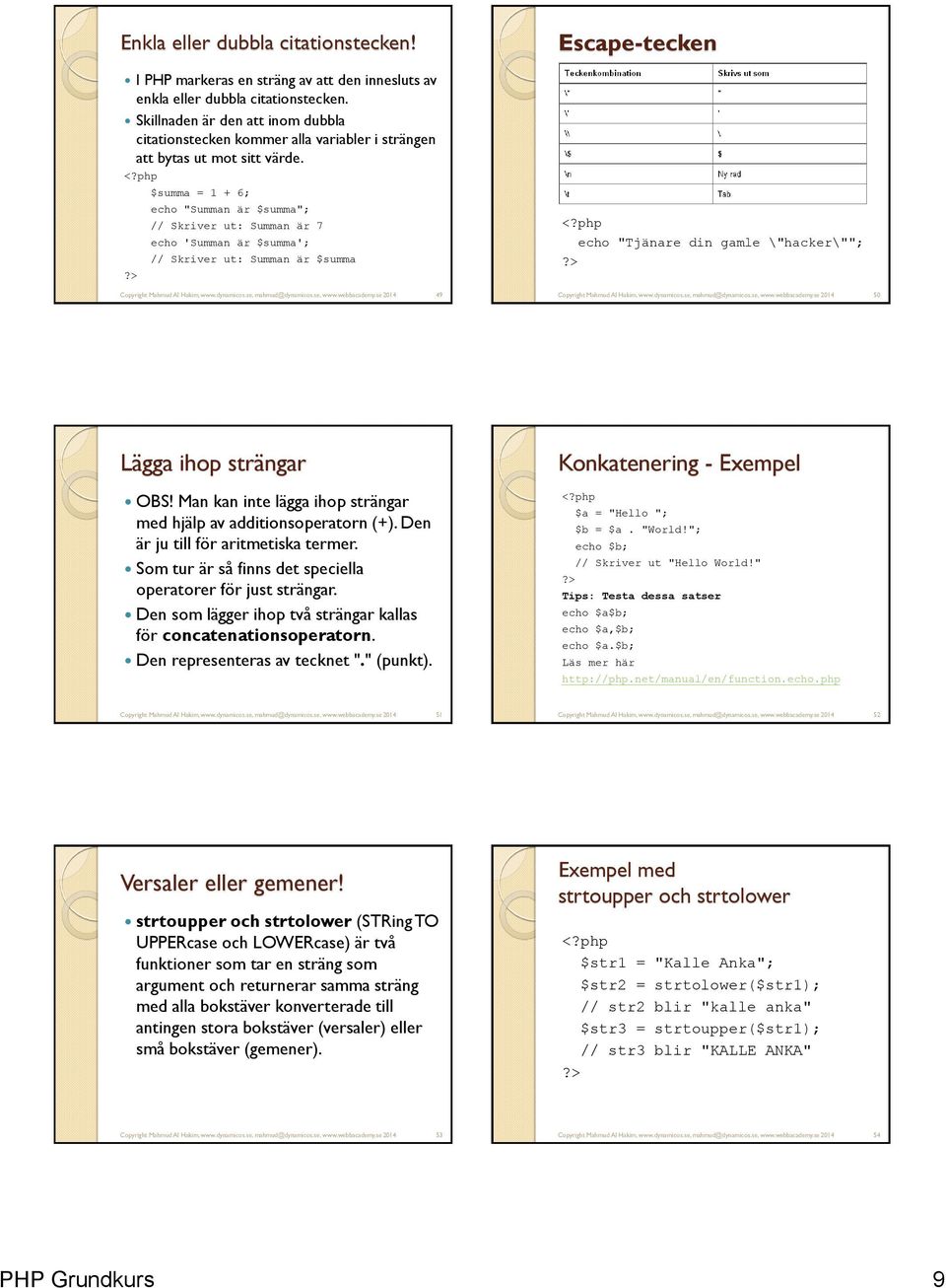 $summa = 1 + 6; echo "Summan är $summa"; // Skriver ut: Summan är 7 echo 'Summan är $summa'; // Skriver ut: Summan är $summa Copyright Mahmud Al Hakim, www.dynamicos.se, mahmud@dynamicos.se, www.