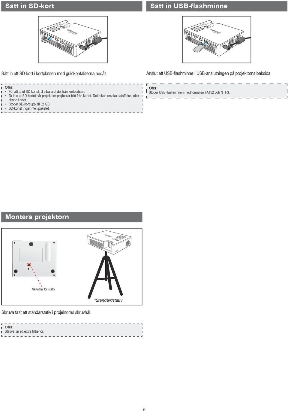 Ta inte ut SD-kortet när projektorn projicerar bild från kortet. Detta kan orsaka dataförlust eller skada kortet. Stöder SD-kort upp till 32 GB.