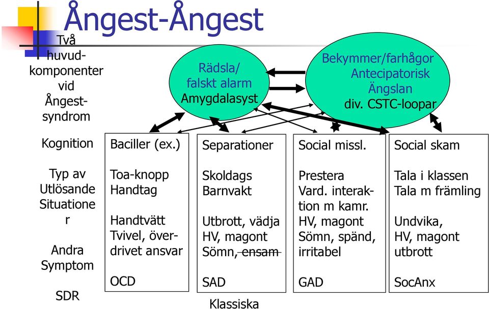 Social skam Typ av Utlösande Situatione r Andra Symptom SDR Toa-knopp Handtag Handtvätt Tvivel, överdrivet ansvar OCD Skoldags