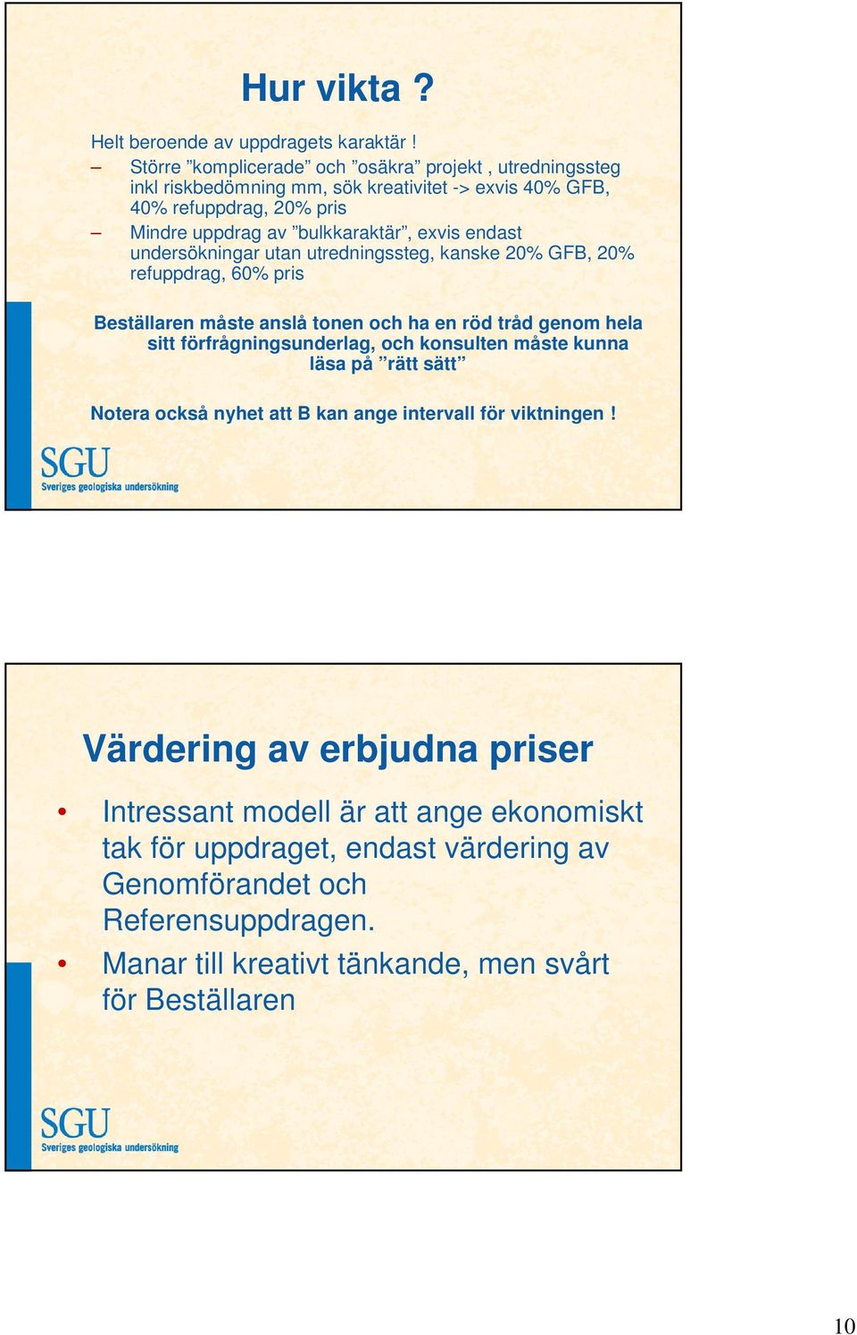 endast undersökningar utan utredningssteg, kanske 20% GFB, 20% refuppdrag, 60% pris Beställaren måste anslå tonen och ha en röd tråd genom hela sitt förfrågningsunderlag, och