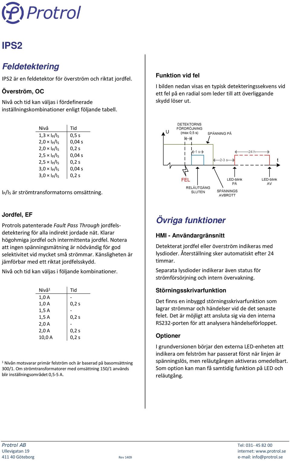 Nivå Tid 1, I P/I S 0,5 s 2,0 I P/I S 0,04 s 2,0 I P/I S 0,2 s 2,5 I P/I S 0,04 s 2,5 I P/I S 0,2 s,0 I P/I S 0,04 s,0 I P/I S 0,2 s IP/IS är strömtransformatorns omsättning.