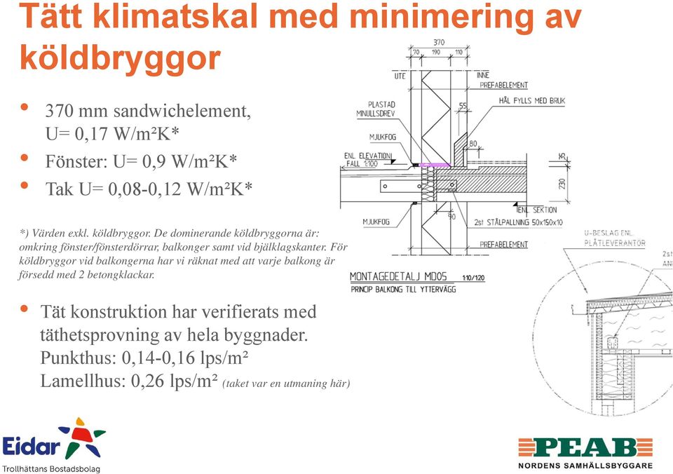 De dominerande köldbryggorna är: omkring fönster/fönsterdörrar, balkonger samt vid bjälklagskanter.