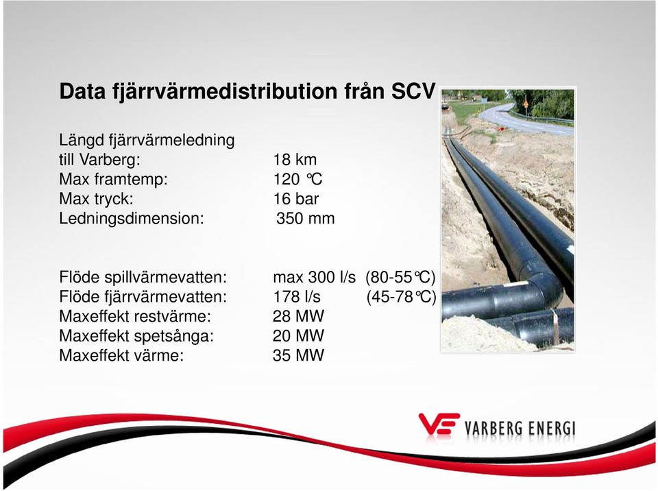 spillvärmevatten: max 300 l/s (80-55 C) Flöde fjärrvärmevatten: 178 l/s