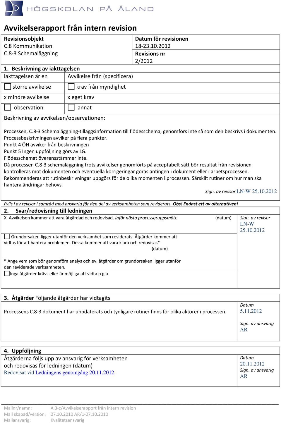 8-3 schemaläggning trots avvikelser genomförts på acceptabelt sätt bör resultat från revisionen kontrolleras mot dokumenten och eventuella korrigeringar göras antingen i dokument eller i