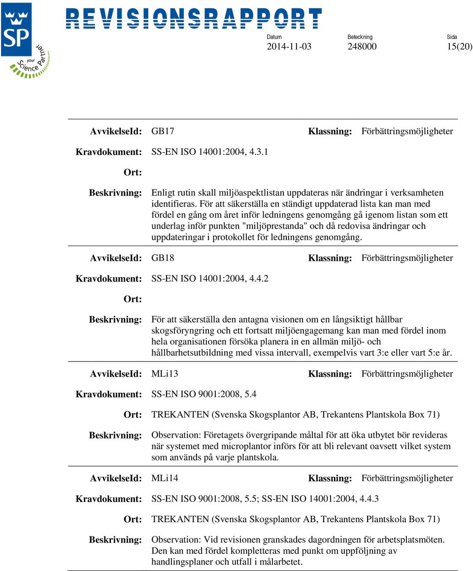 ändringar och uppdateringar i protokollet för ledningens genomgång. AvvikelseId: GB18 Kravdokument: SS-EN ISO 140