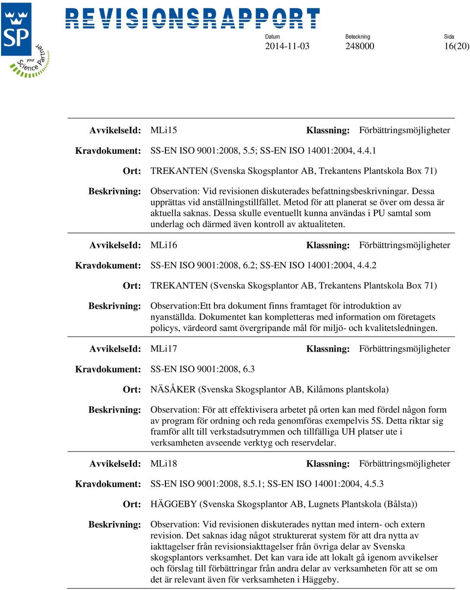 Dessa skulle eventuellt kunna användas i PU samtal som underlag och därmed även kontroll av aktualiteten. AvvikelseId: MLi16 Kravdokument: SS-EN ISO 9001:2008, 6.2; SS-EN ISO 140