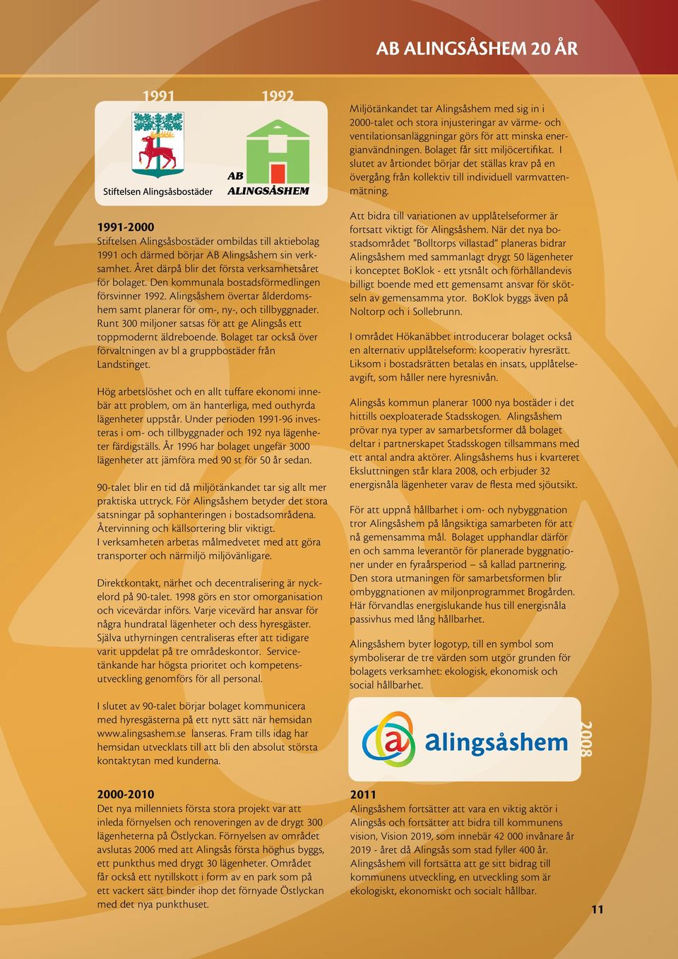 1991-2000 Stiftelsen Alingsåsbostäder ombildas till aktiebolag 1991 och därmed börjar AB Alingsåshem sin verksamhet. Året därpå blir det första verksamhetsåret för bolaget.