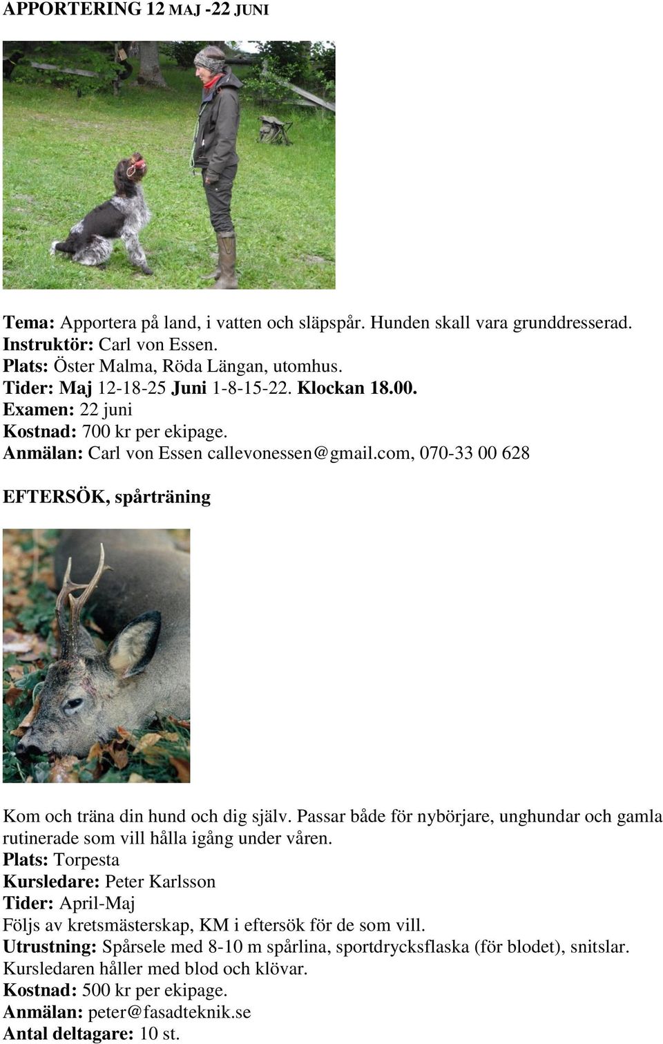 com, 070-33 00 628 EFTERSÖK, spårträning Kom och träna din hund och dig själv. Passar både för nybörjare, unghundar och gamla rutinerade som vill hålla igång under våren.