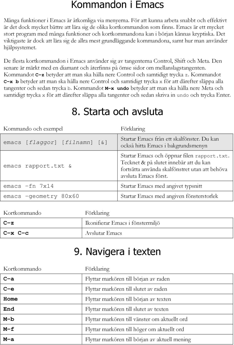 Det viktigaste är dock att lära sig de allra mest grundläggande kommandona, samt hur man använder hjälpsystemet. De flesta kortkommandon i Emacs använder sig av tangenterna Control, Shift och Meta.