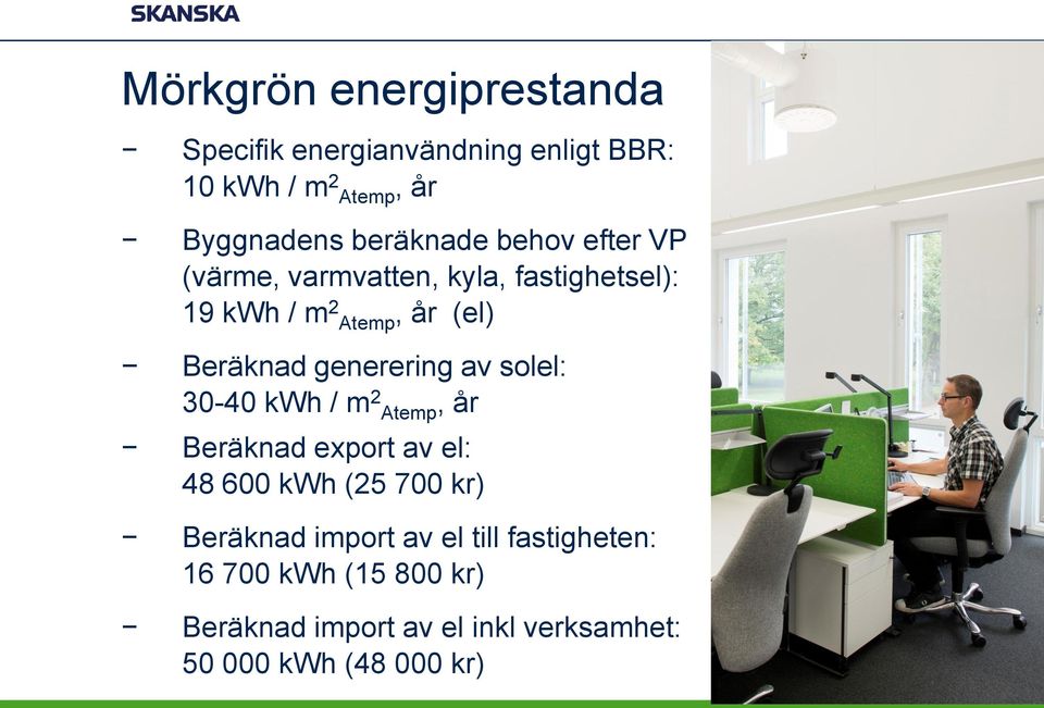 generering av solel: 30-40 kwh / m 2 Atemp, år Beräknad export av el: 48 600 kwh (25 700 kr) Beräknad