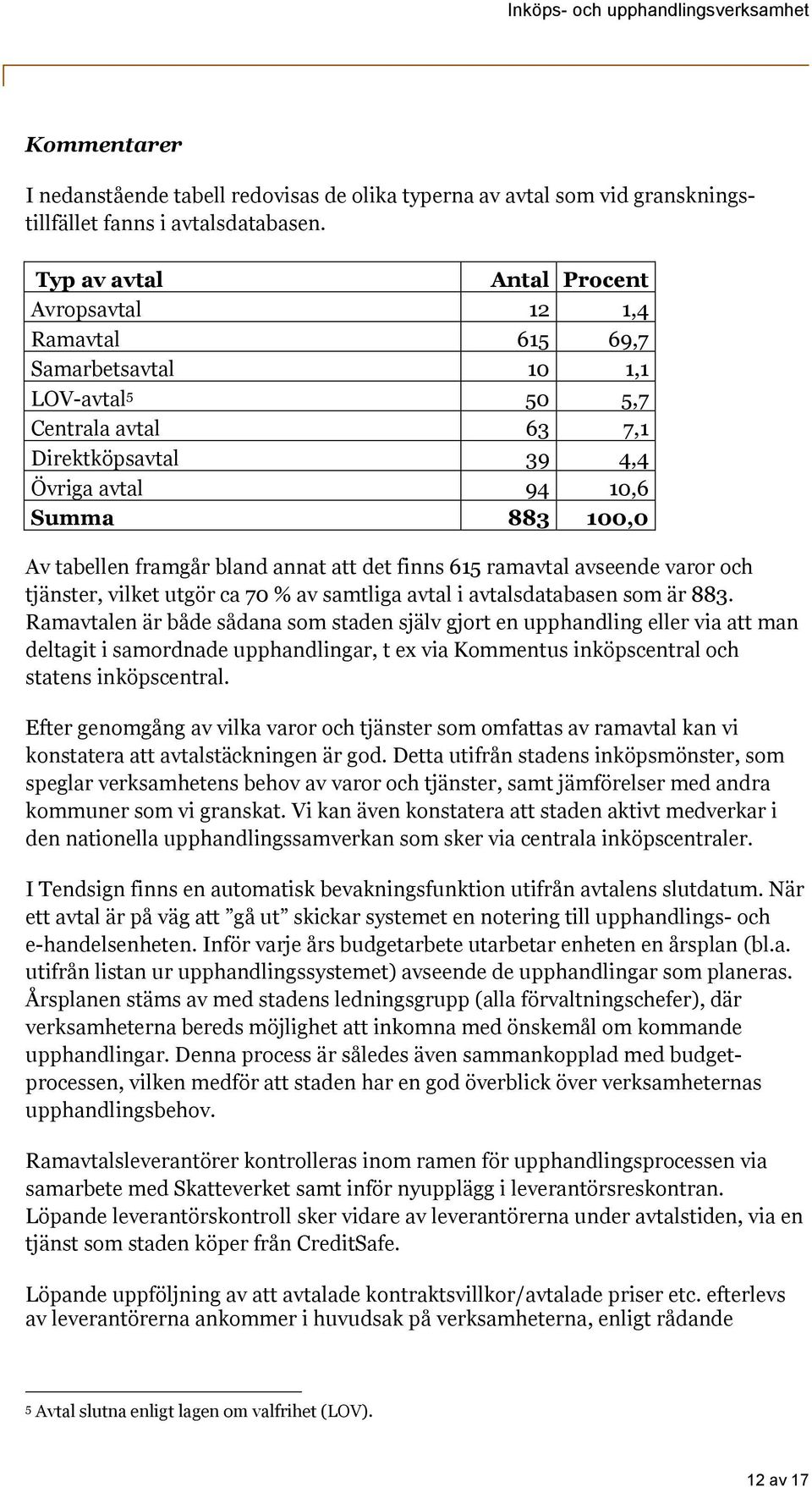 framgår bland annat att det finns 615 ramavtal avseende varor och tjänster, vilket utgör ca 70 % av samtliga avtal i avtalsdatabasen som är 883.